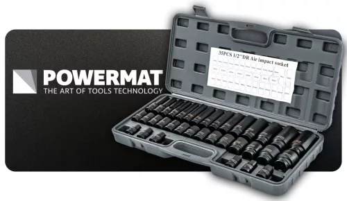Gépi dugókulcsfej készlet 1/2", 35 részes, 8–32 mm, rövid 38 mm és hosszú 78 mm, CrV, PM-ZNU-832T – Powermat (PM1380)
