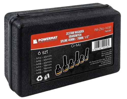 Gépi dugókulcsfej készlet bordás (spline) profillal 1/2", 6 db, M14–M18, Cr-Mo, kofferben, PM-ZNU-1418T – Powermat (PM1381)