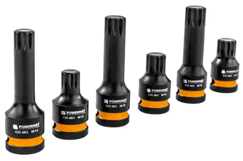 Gépi dugókulcsfej készlet bordás (spline) profillal 1/2", 6 db, M14–M18, Cr-Mo, kofferben, PM-ZNU-1418T – Powermat (PM1381)