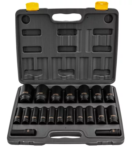 Gépi dugókulcsfej készlet 1/2", 20 részes, 10–38 mm, hosszú 78 mm, CrV, kofferben, PM-ZNU-1038T – Powermat (PM1382)