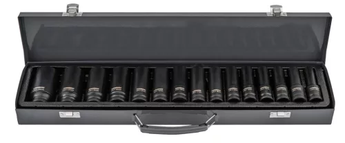 Gépi dugókulcsfej készlet 1/2", 15 részes, 10–30 mm, hosszú 78 mm, CrV, fém kofferben, PM-ZNU-1032T – Powermat (PM1383)