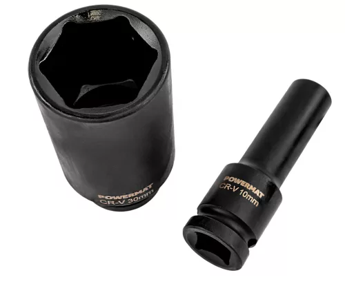 Gépi dugókulcsfej készlet 1/2", 15 részes, 10–30 mm, hosszú 78 mm, CrV, fém kofferben, PM-ZNU-1032T – Powermat (PM1383)