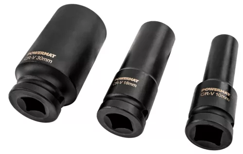 Gépi dugókulcsfej készlet 1/2", 15 részes, 10–30 mm, hosszú 78 mm, CrV, fém kofferben, PM-ZNU-1032T – Powermat (PM1383)