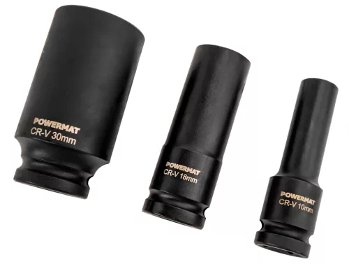 Gépi dugókulcsfej készlet 1/2", 15 részes, 10–30 mm, hosszú 78 mm, CrV, fém kofferben, PM-ZNU-1032T – Powermat (PM1383)