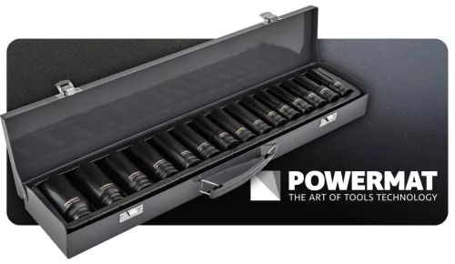 Gépi dugókulcsfej készlet 1/2", 15 részes, 10–30 mm, hosszú 78 mm, CrV, fém kofferben, PM-ZNU-1032T – Powermat (PM1383)
