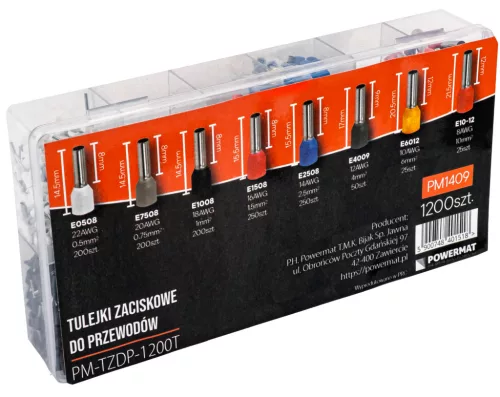 Érvéghüvely készlet, szigetelt, 1200 db, 0,5–10 mm², PM-TZDP-1200T – Powermat (PM1409)