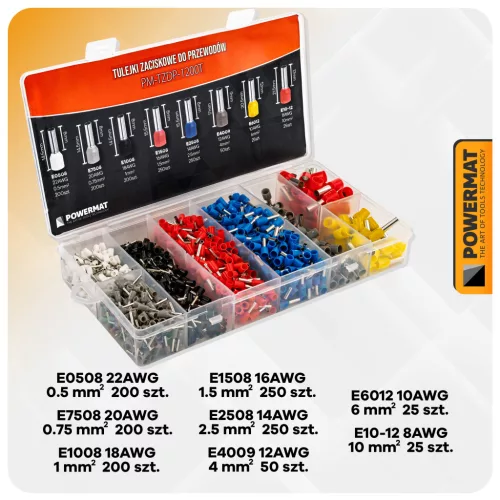 Érvéghüvely készlet, szigetelt, 1200 db, 0,5–10 mm², PM-TZDP-1200T – Powermat (PM1409)