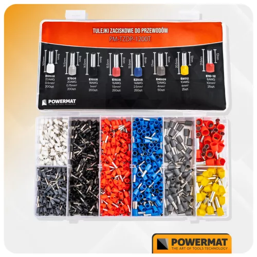 Érvéghüvely készlet, szigetelt, 1200 db, 0,5–10 mm², PM-TZDP-1200T – Powermat (PM1409)