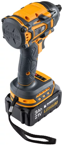 Akkus ütvecsavarozó 21 V, 550 Nm, 1/2", szénkefe nélküli, 2 × 3 Ah akkuval, PM-AKU-21V-3M – Powermat (PM1410)