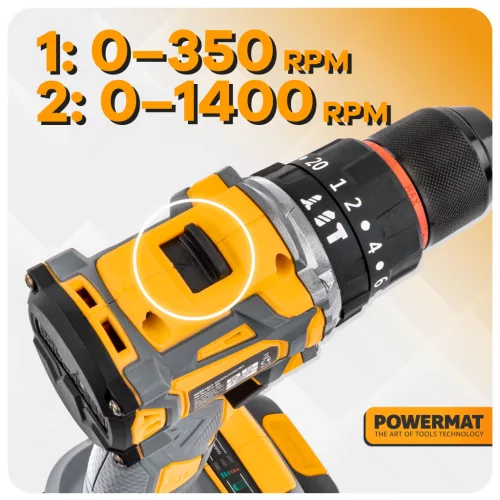Akkus fúró-csavarozó, ütvefúró 21 V, 55 Nm, 2 × 2 Ah akkuval, kofferben, PM-WA-21V-2M – Powermat (PM1411)