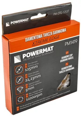 Gyémánt fazékkorong (csiszolótányér) betonhoz 125 mm, 5 mm-es szegmenssel, PM-DTG-1253T – Powermat (PM1419)