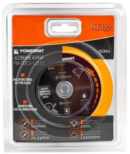 Gyémánt vágótárcsa üveghez és csempéhez 125 mm, 22,23 mm furattal, 1,25 mm, PM-TDCS-1251T – Powermat (PM1420)