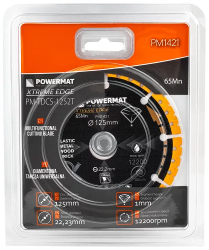 Univerzális gyémánt vágótárcsa 125 mm, 22,23 mm furattal, 1,25 mm, PM-TDCS-1252T – Powermat (PM1421)
