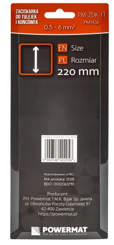 Érvéghüvely krimpelő fogó racsnis, 0,5–6 mm², 220 mm, PM-ZDK-1T – Powermat (PM1436)
