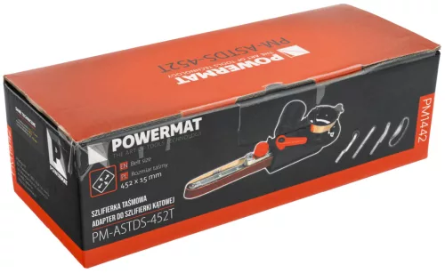 Szalagcsiszoló (ujjcsiszoló) adapter sarokcsiszolóhoz M14, 452 × 15 mm, 5 szalaggal, PM-ASTDS-452T – Powermat (PM1442)