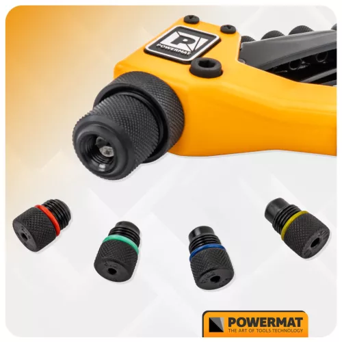 Kézi popszegecshúzó fogó 2,4–4,8 mm, szegecselő fogó 4 cserélhető fejjel, PM-NIR-200T – Powermat (PM1449)