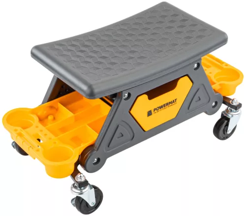 Gurulós szerelőülés, alacsony műhelyszék 35 cm, 200 kg, 3 tálcával, fékes kerekekkel, PM-SWA-200T – Powermat (PM1454)
