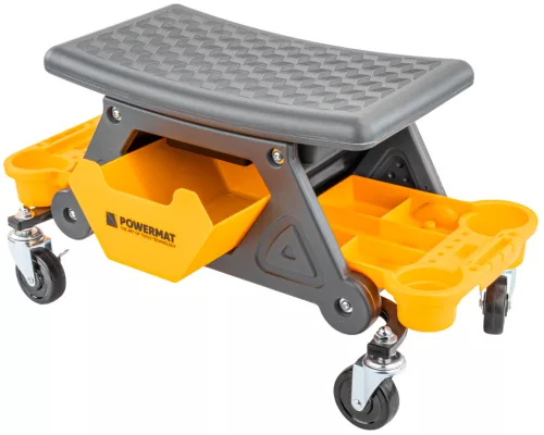 Gurulós szerelőülés, alacsony műhelyszék 35 cm, 200 kg, 3 tálcával, fékes kerekekkel, PM-SWA-200T – Powermat (PM1454)