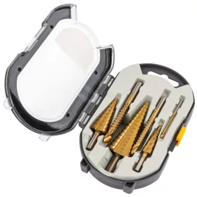   Lépcsős fúró készlet HSS, 6 részes, 4–32 mm + marófúrók 3/6/8 mm, PM-ZWSF-6T – Powermat (PM1458)