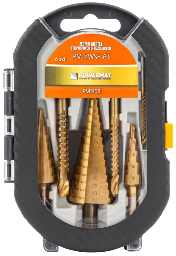 Lépcsős fúró készlet HSS, 6 részes, 4–32 mm + marófúrók 3/6/8 mm, PM-ZWSF-6T – Powermat (PM1458)