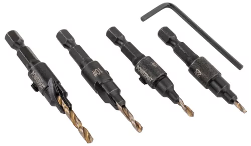 Fafúró süllyesztővel, csavarfészek-fúró készlet 4 részes, 2,4–3,5 mm, HEX 1/4", PM-ZWZP-4TN – Powermat (PM1459)