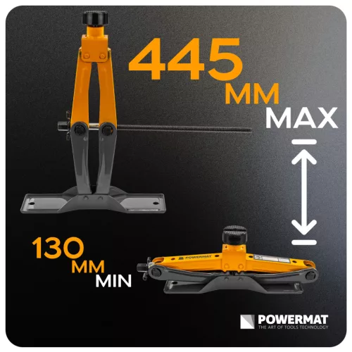 Ollós autóemelő 2,5 t, 130–445 mm, kerékkulccsal és táskával, PM-PTR-2500T – Powermat (PM1470)