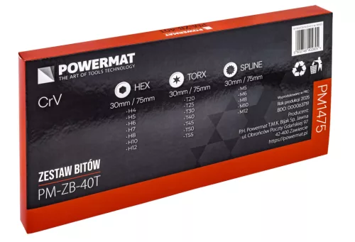 Gépi bitkészlet 40 részes, imbusz, Torx és spline bitek 30/75 mm, fém kofferben, PM-ZB-40T – Powermat (PM1475)