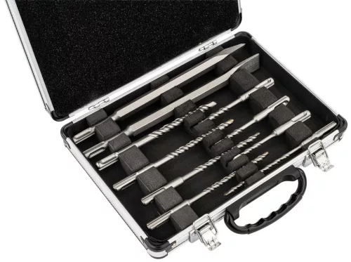 SDS Plus fúró- és vésőkészlet 10 részes, 5–10 mm fúrók, 2 véső, kofferben, PM-ZWD-10T – Powermat (PM1487)