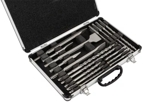 SDS Plus fúró- és vésőkészlet 17 részes, 5–14 mm fúrók, 5 véső, kofferben, PM-ZWD-17T – Powermat (PM1488)