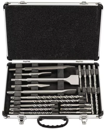 SDS Plus fúró- és vésőkészlet 17 részes, 5–14 mm fúrók, 5 véső, kofferben, PM-ZWD-17T – Powermat (PM1488)