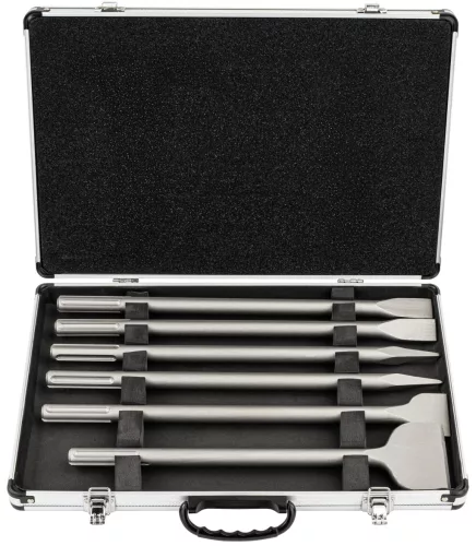 SDS Max vésőkészlet 6 részes, 360–400 mm, hegyes és lapos vésők, kofferben, PM-ZD-6T – Powermat (PM1489)