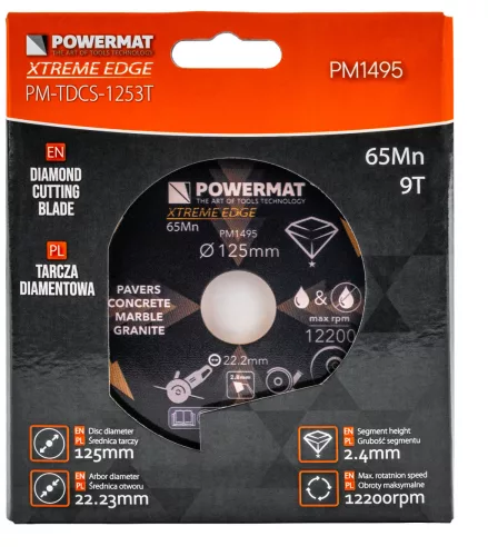 Gyémánt vágótárcsa 125 mm, szegmentált, 22,23 mm furat, 2,4 mm, PM-TDCS-1253T – Powermat (PM1495)