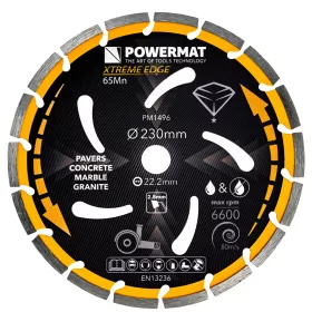   Gyémánt vágótárcsa 230 mm, 18 szegmenses, 22,2 mm furat, száraz/nedves, PM-TDCS-2302T – Powermat (PM1496)