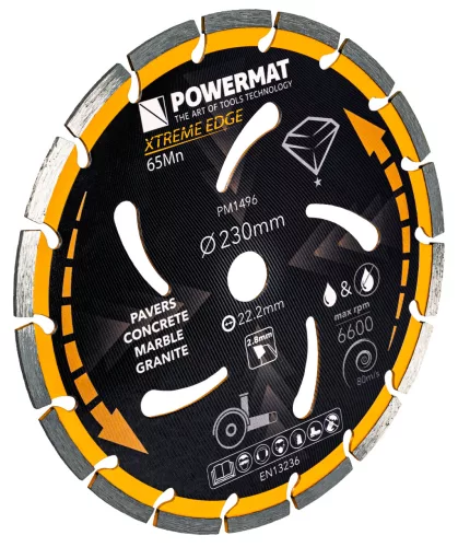 Gyémánt vágótárcsa 230 mm, 18 szegmenses, 22,2 mm furat, száraz/nedves, PM-TDCS-2302T – Powermat (PM1496)