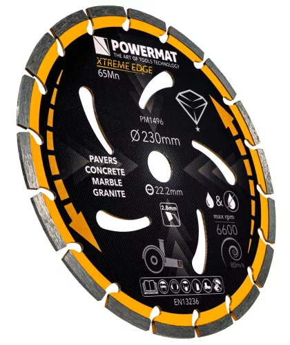 Gyémánt vágótárcsa 230 mm, 18 szegmenses, 22,2 mm furat, száraz/nedves, PM-TDCS-2302T – Powermat (PM1496)