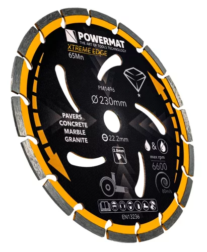 Gyémánt vágótárcsa 230 mm, 18 szegmenses, 22,2 mm furat, száraz/nedves, PM-TDCS-2302T – Powermat (PM1496)