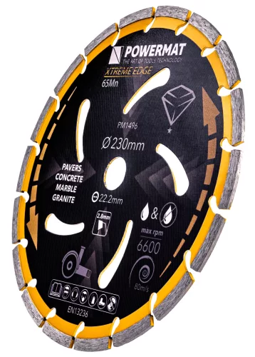 Gyémánt vágótárcsa 230 mm, 18 szegmenses, 22,2 mm furat, száraz/nedves, PM-TDCS-2302T – Powermat (PM1496)