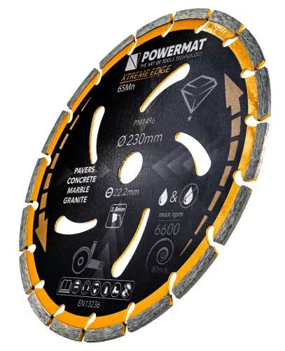Gyémánt vágótárcsa 230 mm, 18 szegmenses, 22,2 mm furat, száraz/nedves, PM-TDCS-2302T – Powermat (PM1496)