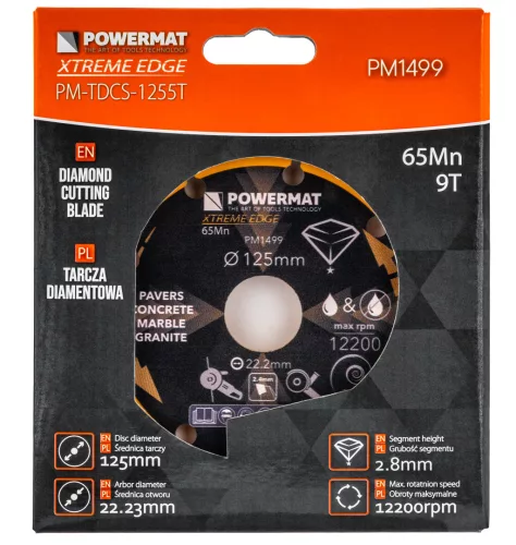 Gyémánt vágótárcsa 125 mm, szegmentált, 22,23 mm furat, 2,8 mm, PM-TDCS-1255T – Powermat (PM1499)