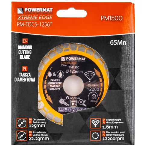 Gyémánt vágótárcsa csempéhez 125 mm, HEX, 22,23 mm furat, 1,6 mm, PM-TDCS-1256T – Powermat (PM1500)
