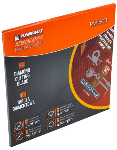 Gyémánt vágótárcsa 350 mm, 25,4 mm furat, betonvágó géphez, PM-TDCS-3502T – Powermat (PM1503)