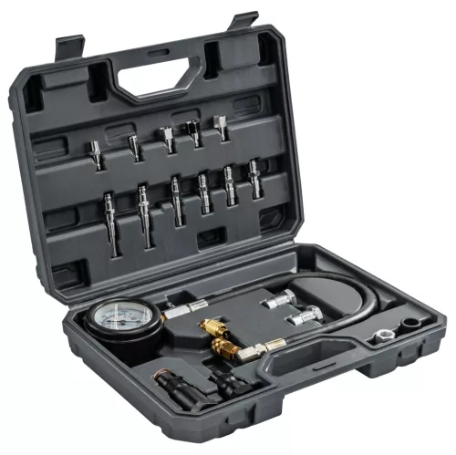 Kompressziómérő dízelmotorhoz, 19 részes, 0–70 bar, 400 mm-es tömlővel, gyorscsatlakozóval, PM-MCSD-19T – Powermat (PM1523)