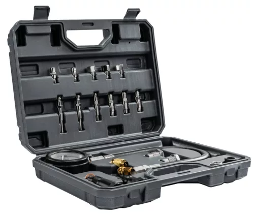 Kompressziómérő dízelmotorhoz, 19 részes, 0–70 bar, 400 mm-es tömlővel, gyorscsatlakozóval, PM-MCSD-19T – Powermat (PM1523)