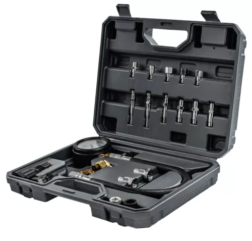 Kompressziómérő dízelmotorhoz, 19 részes, 0–70 bar, 400 mm-es tömlővel, gyorscsatlakozóval, PM-MCSD-19T – Powermat (PM1523)