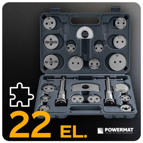 Fékdugattyú-visszatekerő készlet 22 részes, jobb- és balmenetes préssel, 20 adapterrel, PM-ZWT-22T – Powermat (PM1531)