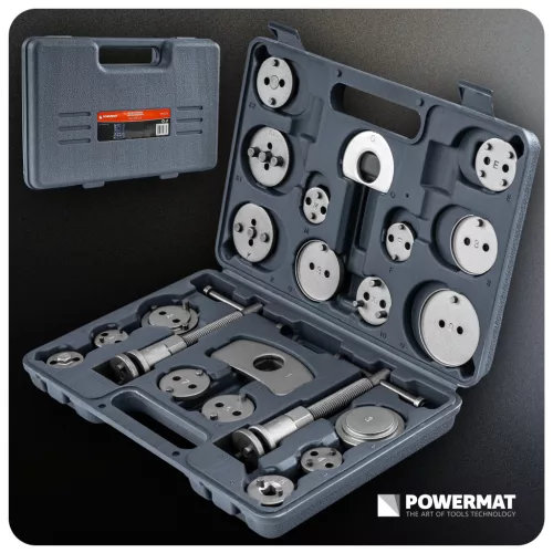 Fékdugattyú-visszatekerő készlet 22 részes, jobb- és balmenetes préssel, 20 adapterrel, PM-ZWT-22T – Powermat (PM1531)