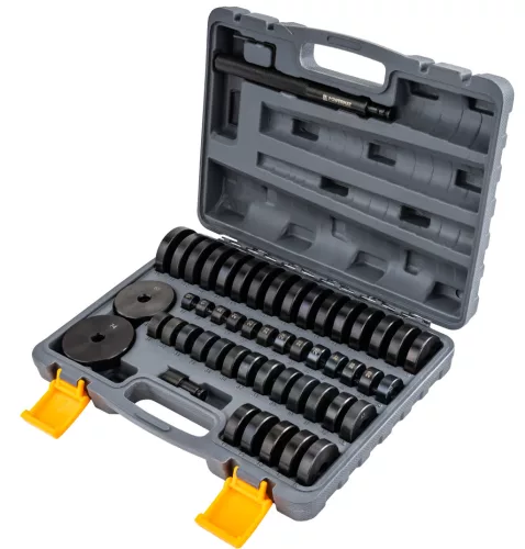 Persely- és csapágybeütő készlet 52 részes, 18–74 mm, 225 mm-es beütővel, kofferben, PM-STIL-52T – Powermat (PM1535)