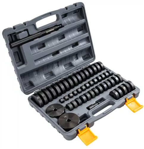 Persely- és csapágybeütő készlet 52 részes, 18–74 mm, 225 mm-es beütővel, kofferben, PM-STIL-52T – Powermat (PM1535)