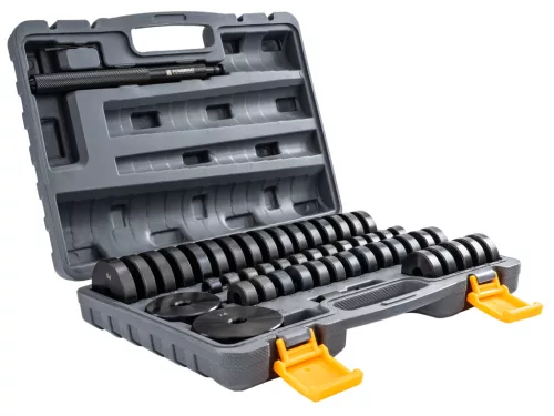 Persely- és csapágybeütő készlet 52 részes, 18–74 mm, 225 mm-es beütővel, kofferben, PM-STIL-52T – Powermat (PM1535)