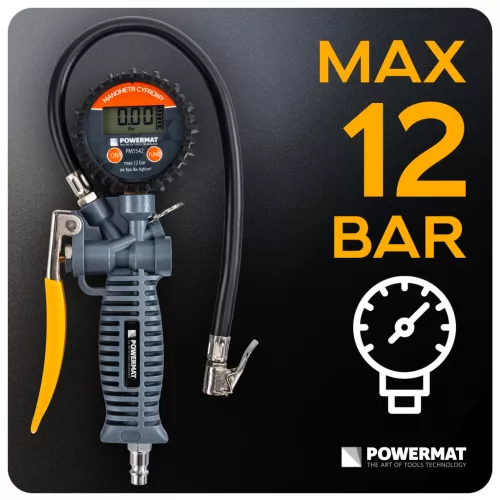 Keréktöltő pisztoly digitális nyomásmérővel, 12 bar, 1/4", PM-PDPM-1T – Powermat (PM1542)